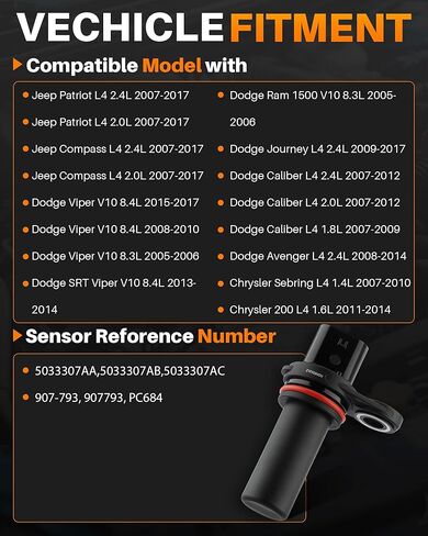 MOTOALL Engine Crankshaft Position Sensor Compatible with Jeep Patriot Compass 2007-2017, Dodge Journey(2009-2017) Caliber(2007-2012) Avenger, Replaces 5033307AA in Kuwait