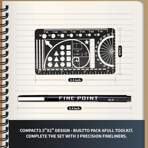 Proket Journal Stencil Set - Stainless Steel Metal Stencil Bookmark with 3 Fineliner Pens Set,Ruler Conversion, Protractor & Golden Ratio-Stencils for Journaling,Bible Study,Sketching & Notes in Kuwait