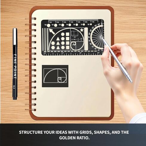 Proket Journal Stencil Set - Stainless Steel Metal Stencil Bookmark with 3 Fineliner Pens Set,Ruler Conversion, Protractor & Golden Ratio-Stencils for Journaling,Bible Study,Sketching & Notes in Kuwait