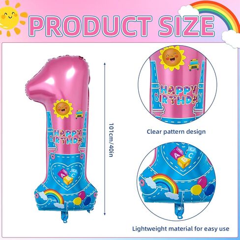 English Teacher Birthday Decorations, 40'' Pink Teacher Fans Rainbow Number 1 Balloon for 1st Baby Shower Birthday Party Supplies (1st) in Saudi Arabia