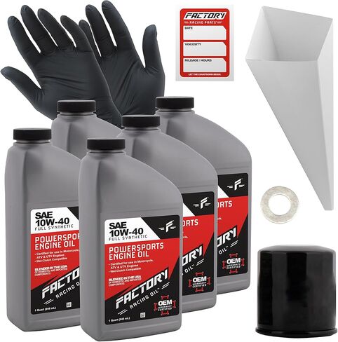 Factory Racing Parts Oil Change Kit compatible with Kawasaki Vulcan, Vaquero– Includes 5 Quarts of SAE 10W-40 Full Synthetic Oil, 1 Filter, 1 Crush Washer, 1 Funnel, 1 Oil Change Reminder Sticker in Kuwait