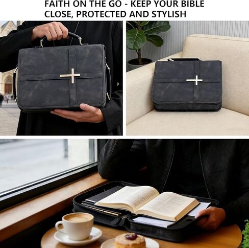 Bible Cover Case PU Leather Bible Bag with Handle and Phone Pocket Large Protective Scripture Carrier with Cross Design for Men Women Church Study Gifts in Saudi Arabia