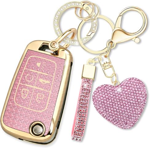 Fit for GMC Buick Key Fob Cover with Diamond Keychain, Compatible with Chevy Cruze Camaro Malibu Equinox Impala Buick Encore Regal GMC Flip Folding Key for Women (5 Buttons—Pink Heart) in Saudi Arabia
