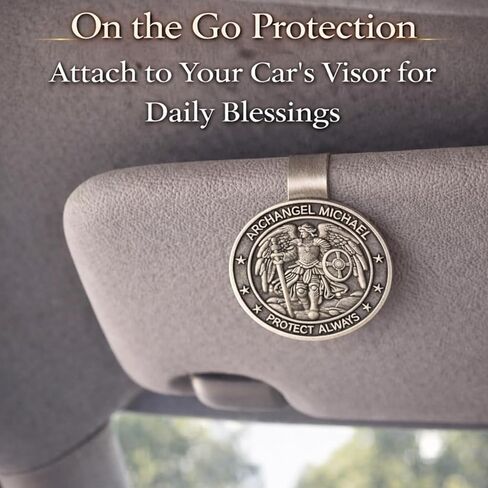 St Michael Archangel Medal for Car, Auto Sun Visor Clip, Saint Michael Vehicle Accessory, Bless Driving Safety and Safe Travel Religious Gift for Driver Family Friend in Saudi Arabia