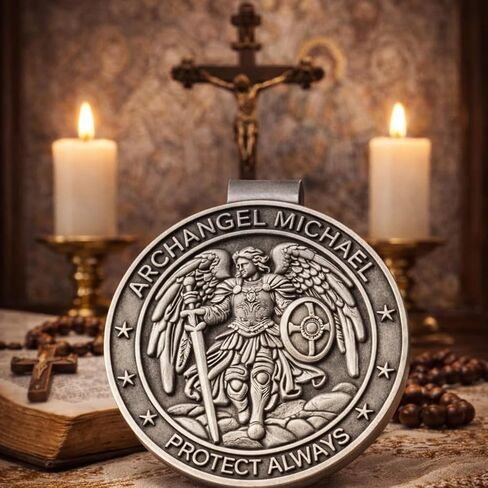 St Michael Archangel Medal for Car, Auto Sun Visor Clip, Saint Michael Vehicle Accessory, Bless Driving Safety and Safe Travel Religious Gift for Driver Family Friend in Saudi Arabia
