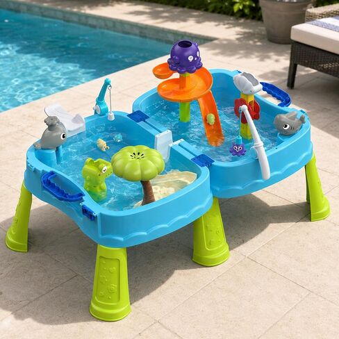 2026 New Foldable Double-Sided Water Table for Toddlers, Kids Water and Sand Park Activity Sensory Playset, Portable Summer Outdoor Water Table Toys, 23 Piece Water Toy Accessories in Kuwait