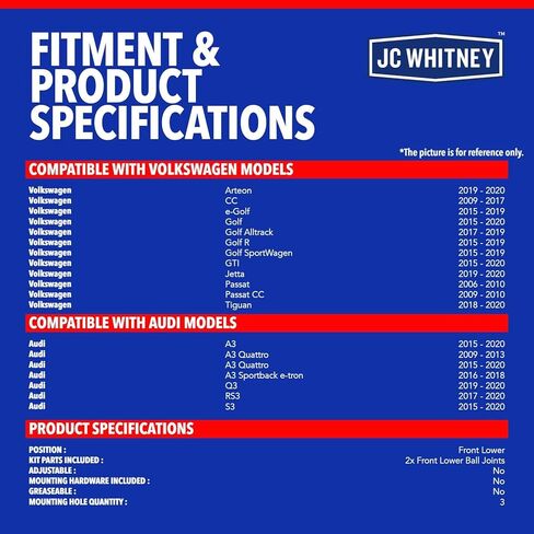 JC Whitney JFBAJCWCA00283 مجموعة من 2 مفصل كروي (أمامي سفلي) - متوافق مع Volkswagen Jetta 19-20، Tiguan 18-20، Golf 15-20، Passat 06-10، Passat CC 09-10، Audi Q3 19-20 - الدفع الرباعي (AWD) in Kuwait