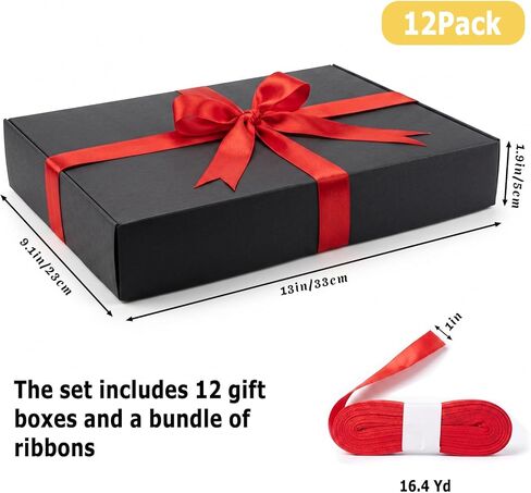 Tlenpo 12 Pack Gift Boxes with Lids, 13×9×2 Inch Black Paper Gift Box with 15m Ribbon, Wrapping Gifts, Deep Clothing Gift Boxes for Robe, Sweater, Shirt and Father's Day and Mother's Day in Saudi Arabia