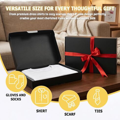 Tlenpo 12 Pack Gift Boxes with Lids, 13×9×2 Inch Black Paper Gift Box with 15m Ribbon, Wrapping Gifts, Deep Clothing Gift Boxes for Robe, Sweater, Shirt and Father's Day and Mother's Day in Saudi Arabia