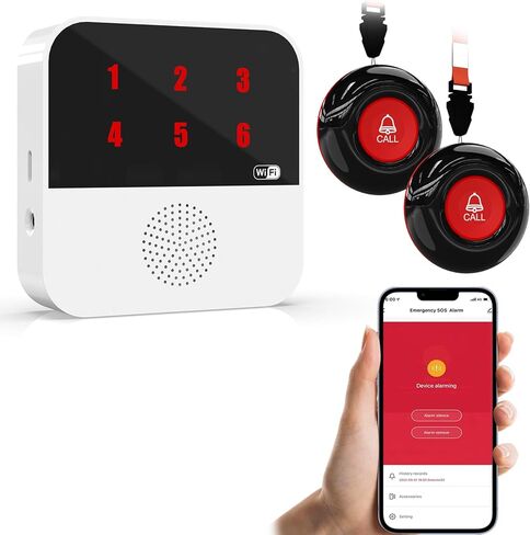 أجهزة استدعاء الرعاية اللاسلكية الذكية بتقنية WiFi لزر تنبيه المسنين الذي يتصل بنظام تنبيه مقدمي الرعاية للهاتف الخلوي مع عرض رقم LED 2 زر اتصال SOS 1 جهاز استقبال (يدعم فقط 2.4 جيجا هرتز وبدون رسوم شهرية) in Kuwait