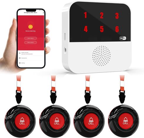 أجهزة استدعاء الرعاية اللاسلكية الذكية بتقنية WiFi لزر تنبيه المسنين الذي يتصل بنظام تنبيه مقدمي الرعاية للهاتف الخلوي مع عرض رقم LED 2 زر اتصال SOS 1 جهاز استقبال (يدعم فقط 2.4 جيجا هرتز وبدون رسوم شهرية) in Kuwait