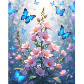 Pink Flowers and Butterflies Paint by Numbers Kit for Adults, DIY Acrylic Painting on Canvas 16x20 Inch, Vibrant Floral Scene with Blue Butterflies, Unframed, Gift for Flower and Butterfly Lovers in Saudi Arabia