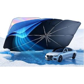 [Upgrated] Car Windshield Sun Shade Umbrella - Foldable Car Sunshade Cover with Rearview Mirror Cutout, Sun & Heat Protection, Double Thickened Vinyl Coating for Cars, SUVs Front Window, 55" x 31.5“ in Kuwait