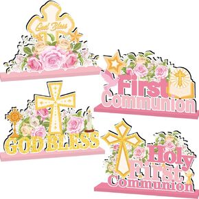 4Pcs First Communion Decorations First Holy Communion Centerpieces for Tables Wooden God Bless Floral Table Decor for Boys Girls Baby Baptism Ceremony Religious Church Party Supplies in Saudi Arabia