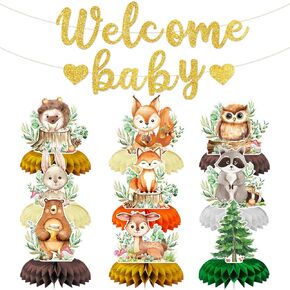 10-Piece Woodland Baby Shower Honeycomb Centerpieces with Welcome Baby Banner – Forest Animals Table Decorations for Baby Shower, Gender Reveal, Birthday Parties, and Rustic Woodland Theme Decor in Saudi Arabia