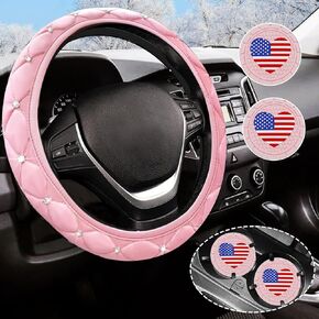 Pink Steering Wheel Cover with Rhinestone Pink Car Accessories for Women fit Universal 14.5-15 Inch. (H-FXPT-2) in Saudi Arabia