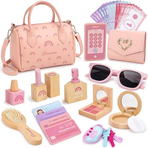 Dreamon Play Purse for Little Girls - 30PCS Toddler Purse with Wooden Pretend Makeup Kit, Handbag, Phone, Wallet, Keys - Princess Pretend Play Toys Birthday Gift for Girls Age 3 4 5 6 + Year Old in Kuwait