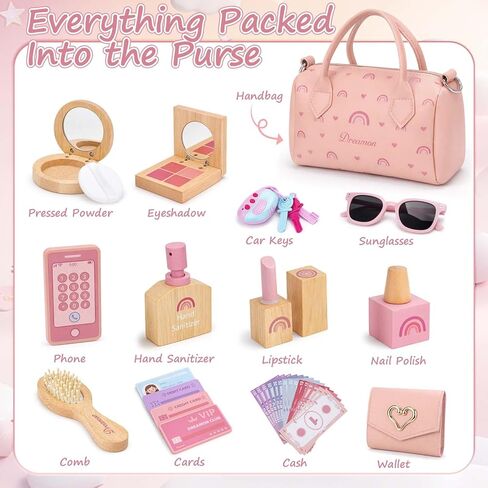 Dreamon Play Purse for Little Girls - 30PCS Toddler Purse with Wooden Pretend Makeup Kit, Handbag, Phone, Wallet, Keys - Princess Pretend Play Toys Birthday Gift for Girls Age 3 4 5 6 + Year Old in Kuwait