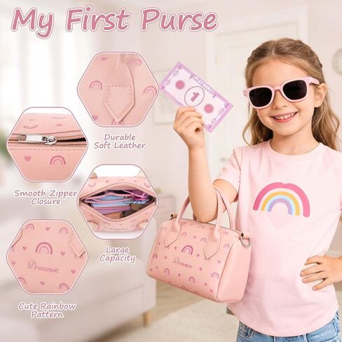 Dreamon Play Purse for Little Girls - 30PCS Toddler Purse with Wooden Pretend Makeup Kit, Handbag, Phone, Wallet, Keys - Princess Pretend Play Toys Birthday Gift for Girls Age 3 4 5 6 + Year Old in Kuwait