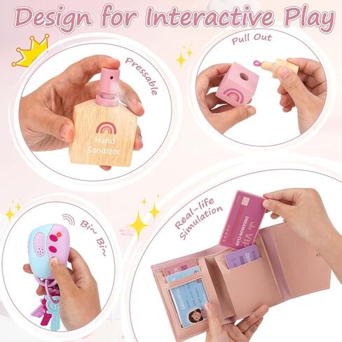 Dreamon Play Purse for Little Girls - 30PCS Toddler Purse with Wooden Pretend Makeup Kit, Handbag, Phone, Wallet, Keys - Princess Pretend Play Toys Birthday Gift for Girls Age 3 4 5 6 + Year Old in Kuwait