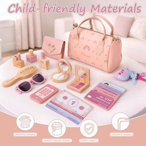 Dreamon Play Purse for Little Girls - 30PCS Toddler Purse with Wooden Pretend Makeup Kit, Handbag, Phone, Wallet, Keys - Princess Pretend Play Toys Birthday Gift for Girls Age 3 4 5 6 + Year Old in Kuwait