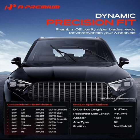 شفرات ممسحة الزجاج الأمامي الممتازة مقاس 24 بوصة و17 بوصة متوافقة مع BMW 328i 2010-2013، 335i، 335is، M3، 328i 335i xDrive - موصل TL2، مع مؤشر التآكل ومنشفة، يسار ويمين (عبوة من قطعتين) in Kuwait