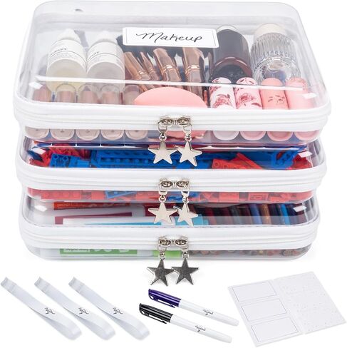 Clear Hard Shell Zipper Case Set (3 Medium), 120s Thick PET Plastic Storage Bags, Dual Zipper Travel Organizer with Star Charms, Removable Strap, Removable Labels & 2 Markers in Saudi Arabia