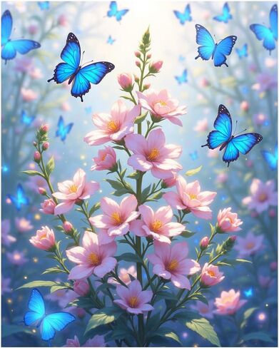 Pink Flowers and Butterflies Paint by Numbers Kit for Adults, DIY Acrylic Painting on Canvas 16x20 Inch, Vibrant Floral Scene with Blue Butterflies, Unframed, Gift for Flower and Butterfly Lovers in Saudi Arabia