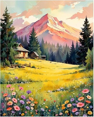 مجموعة طلاء بالأرقام من Nature Life للبالغين - كوخ جبلي ومرج DIY مع رسم زهور برية على القماش مقاس 16 × 20 بوصة، مجموعة طلاء أكريليك، مناسبة للمبتدئين، فن للديكور/الهدايا in Kuwait