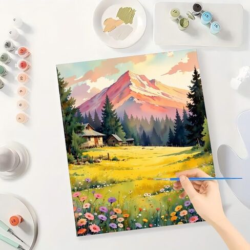مجموعة طلاء بالأرقام من Nature Life للبالغين - كوخ جبلي ومرج DIY مع رسم زهور برية على القماش مقاس 16 × 20 بوصة، مجموعة طلاء أكريليك، مناسبة للمبتدئين، فن للديكور/الهدايا in Kuwait