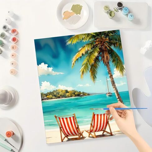 Beach Scene Paint by Numbers Kit for Adults - DIY Tropical Chairs and Palm Tree Painting on Canvas 16x20In, Acrylic Paint Set, Suitable for Beginners, Art for Home Decoration or Gifts in Kuwait