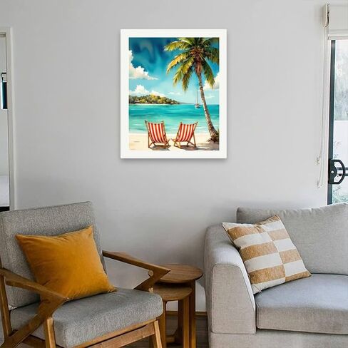 Beach Scene Paint by Numbers Kit for Adults - DIY Tropical Chairs and Palm Tree Painting on Canvas 16x20In, Acrylic Paint Set, Suitable for Beginners, Art for Home Decoration or Gifts in Kuwait