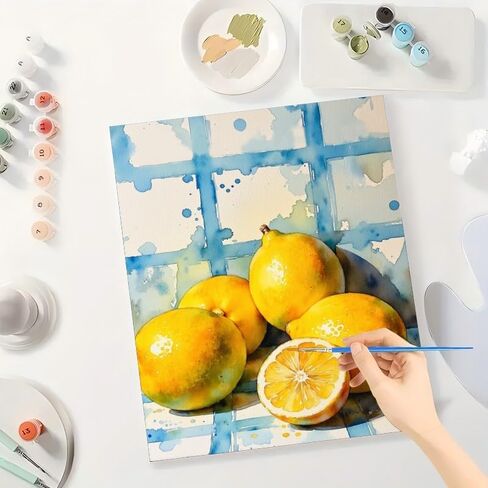 مجموعة طلاء الفاكهة الساكنة بالأرقام من تاوباولاب للبالغين - ليمون DIY مع لوحة خلفية بلاط أزرق على القماش مقاس 16 × 20 بوصة، مجموعة طلاء أكريليك، مناسبة للمبتدئين، فن للديكور/الهدايا in Kuwait