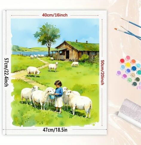 Farm Scene Paint by Numbers Kit for Adults - DIY Girl with Sheep Painting on Canvas 16x20In, Acrylic Paint Set, Suitable for Beginners, Art for Home Decoration or Gifts in Kuwait