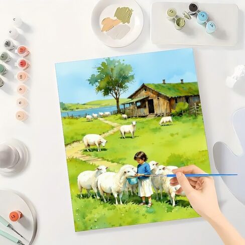 Farm Scene Paint by Numbers Kit for Adults - DIY Girl with Sheep Painting on Canvas 16x20In, Acrylic Paint Set, Suitable for Beginners, Art for Home Decoration or Gifts in Kuwait