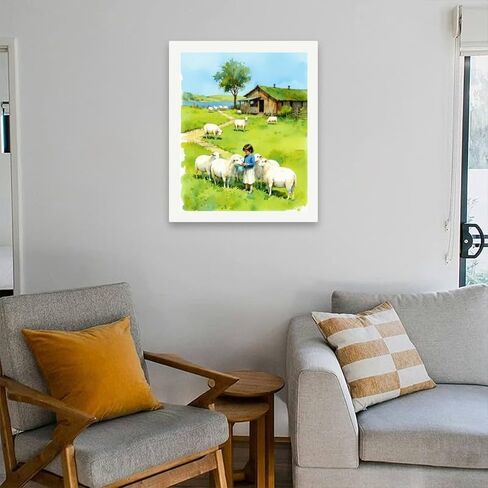 Farm Scene Paint by Numbers Kit for Adults - DIY Girl with Sheep Painting on Canvas 16x20In, Acrylic Paint Set, Suitable for Beginners, Art for Home Decoration or Gifts in Kuwait