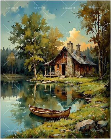 Landscape Paint by Numbers Kit for Adults - DIY Log Cabin by Mountain Lake with Canoe Painting on Canvas 16x20 Inches, Acrylic Paint Set, Suitable for Beginners, Nature Art for Home Decor in Kuwait