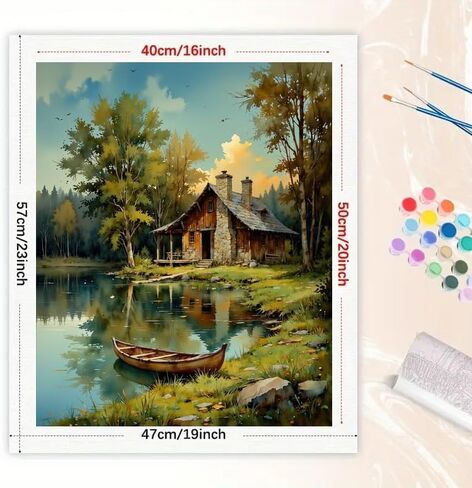 Landscape Paint by Numbers Kit for Adults - DIY Log Cabin by Mountain Lake with Canoe Painting on Canvas 16x20 Inches, Acrylic Paint Set, Suitable for Beginners, Nature Art for Home Decor in Kuwait