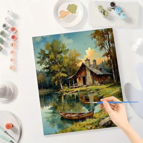 Landscape Paint by Numbers Kit for Adults - DIY Log Cabin by Mountain Lake with Canoe Painting on Canvas 16x20 Inches, Acrylic Paint Set, Suitable for Beginners, Nature Art for Home Decor in Kuwait