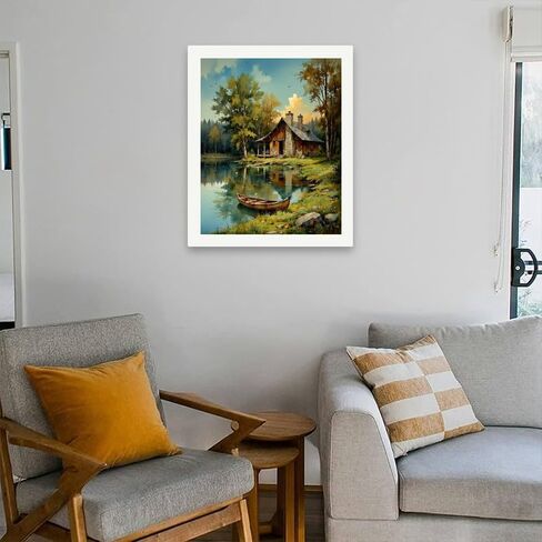 Landscape Paint by Numbers Kit for Adults - DIY Log Cabin by Mountain Lake with Canoe Painting on Canvas 16x20 Inches, Acrylic Paint Set, Suitable for Beginners, Nature Art for Home Decor in Kuwait