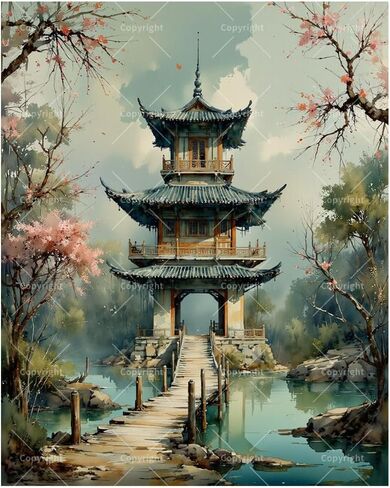 Tranquil Pagoda in the Center of the Lake Paint by Numbers Kit for Adults - DIY Chinese Garden Painting on Canvas 12x16In, Framed Acrylic Paint Set, Suitable for Beginners, Oriental Art for Home in Kuwait