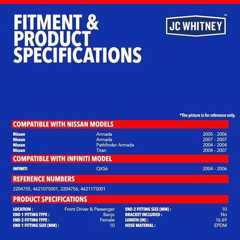 JC Whitney JFBAJCWBHH00296 مجموعة من خراطيم هيدروليكية للفرامل الأمامية اليسرى واليمنى - متوافقة مع Nissan Titan 2004-2007، Armada 2005-2007، Pathfinder Armada 2004، INFINITI QX56 2004-2006 in Kuwait
