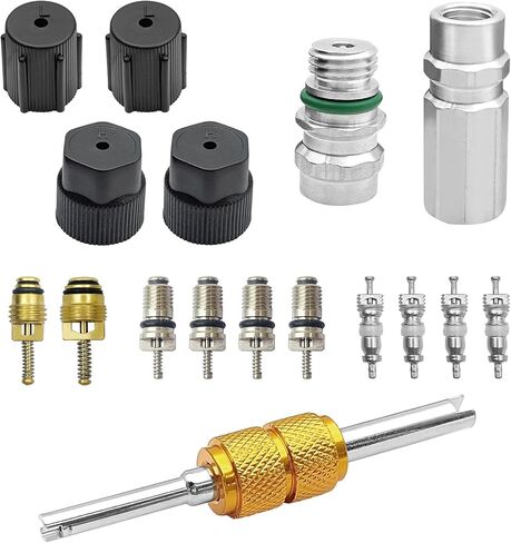 17PCS Air Conditioning Valve Core Kit, A/C R12 or R134a Teflon Seal Cap Valve Kit with Removal Tool for High Low-Pressure A/C Service Port, Car & HVAC AC Refrigerant Tool in Saudi Arabia