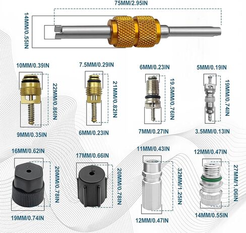 17PCS Air Conditioning Valve Core Kit, A/C R12 or R134a Teflon Seal Cap Valve Kit with Removal Tool for High Low-Pressure A/C Service Port, Car & HVAC AC Refrigerant Tool in Saudi Arabia