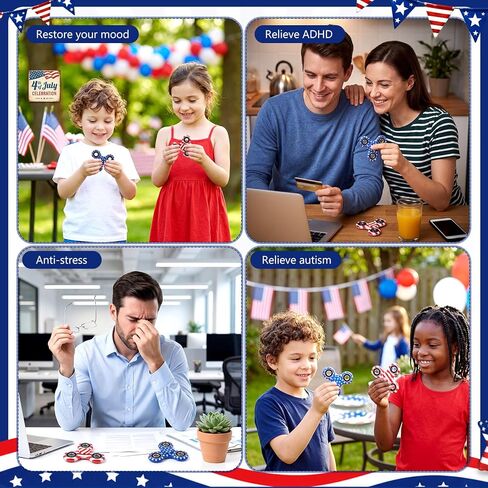 24 Pack 4th of July Fidget Spinners, American Flag Themed Fidget Toys, Red Blue and White Patriotic Hand Spinners Bulk Stress Relief Toys for Kids Adults, Independence Day Party Favors in Saudi Arabia