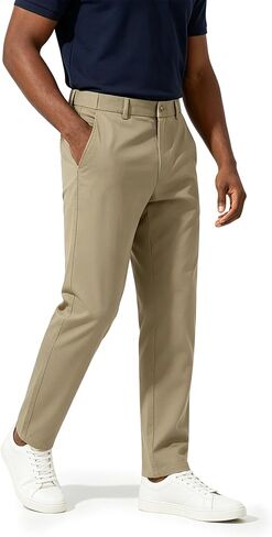 Mens Classic Fit Flat Front Casual Pants Expandable Waist Khaki Chinos Pants Men in Kuwait