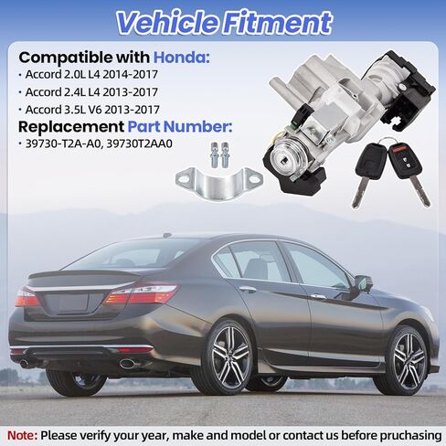 Ignition Switch Lock Cylinder Assembly with 2 Remote Key Compatible with Honda Accord 2013-2017 2.0L 2.4L 3.5L Replaces# 39730-T2A-A0 in Saudi Arabia