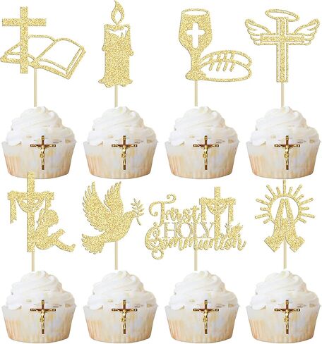 Ephlyn 32Pcs First Holy Communion Cupcake Toppers Glitter Dove Cross God Bless and Baptism Cupcake Picks First Communion Theme Baby Shower Birthday Party Cake Decorations Supplies Gold in Saudi Arabia