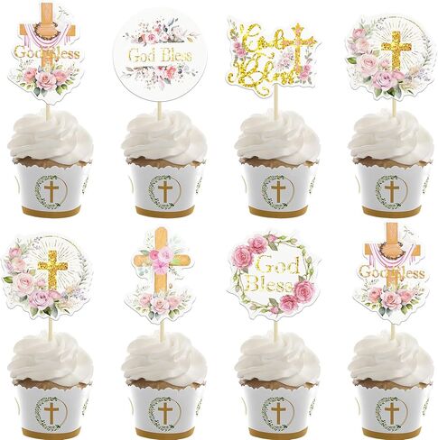 Ephlyn 32Pcs First Holy Communion Cupcake Toppers Glitter Dove Cross God Bless and Baptism Cupcake Picks First Communion Theme Baby Shower Birthday Party Cake Decorations Supplies Gold in Saudi Arabia