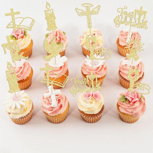 Ephlyn 32Pcs First Holy Communion Cupcake Toppers Glitter Dove Cross God Bless and Baptism Cupcake Picks First Communion Theme Baby Shower Birthday Party Cake Decorations Supplies Gold in Saudi Arabia